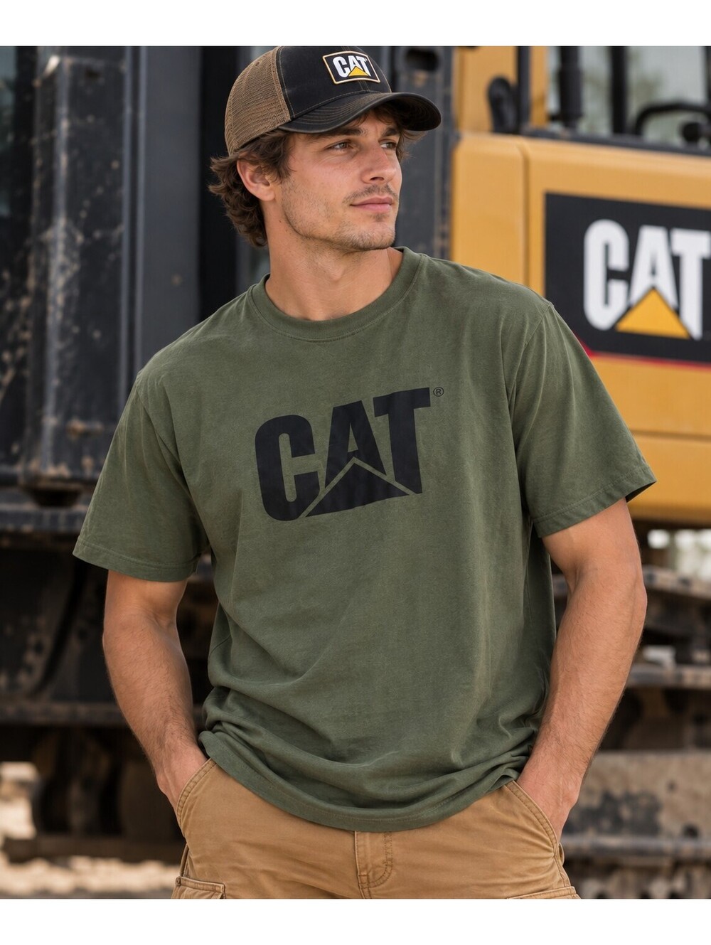 NWT CAT Caterpillar Men’s XXL Olive Green Logo T-Shirt Workwear Y2K Utility Tee